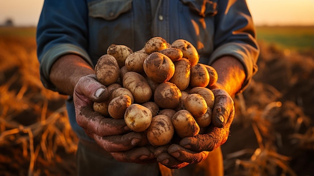 Hombre mostrando patatas en el campo