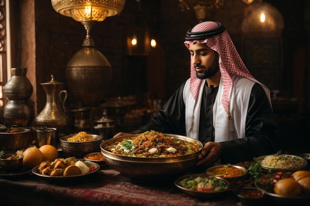 Hombre mostrando un plato de comida árabe