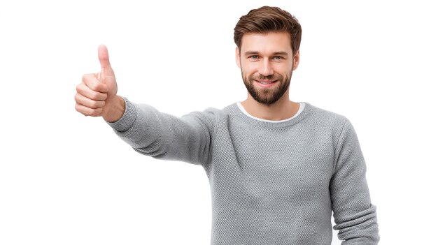 Un hombre mostrando un signo de pulgares hacia arriba aislado en fondo blanco