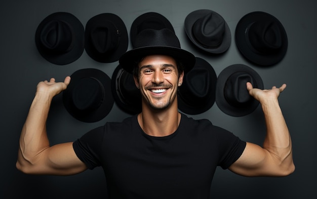 Un hombre mostrando los sombreros sobre el fondo blanco.