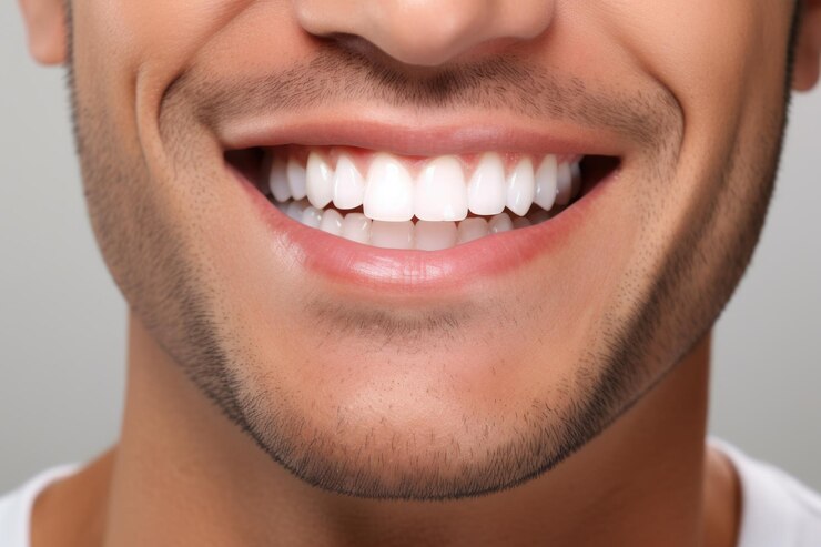 Hombre mostrando sus dientes después de blanquearse