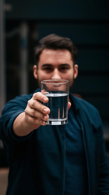 Hombre mostrando un vaso de agua