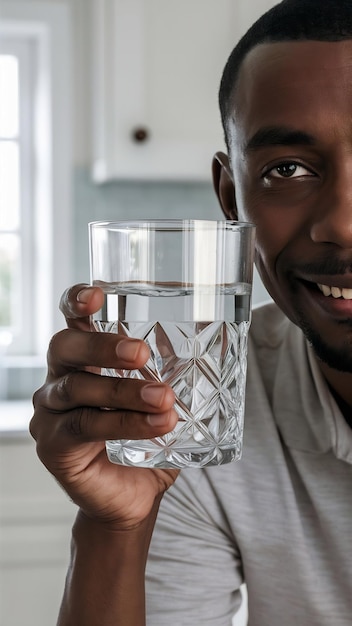 Hombre mostrando un vaso de agua