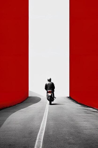 Foto un hombre en una motocicleta está bajando por un camino con una pared roja detrás de él