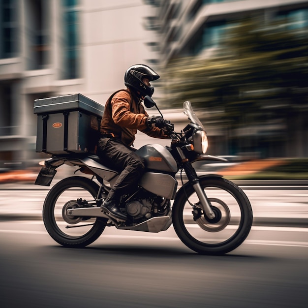 Un hombre en una motocicleta con una caja en la espalda.