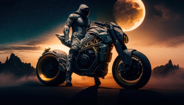 Un hombre en una motocicleta con luna llena detrás de él