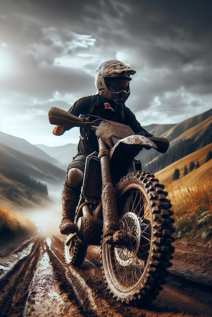 Foto un hombre en una motocicleta con una montaña en el fondo