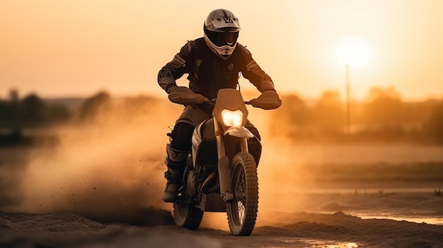 Un hombre en una motocicleta con la puesta de sol detrás de él.