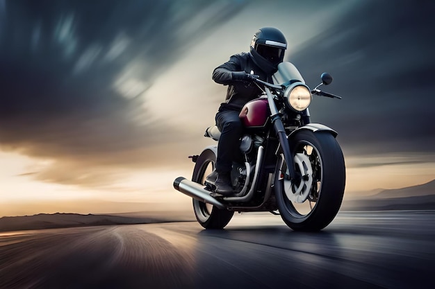 un hombre en una motocicleta con una puesta de sol de fondo