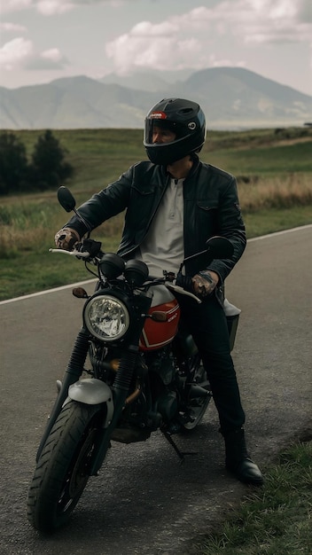 Hombre motociclista de tiro largo sentado en motocicleta