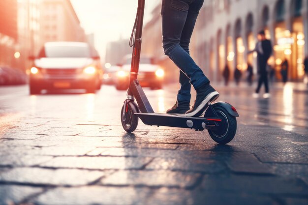 Hombre de movilidad moderna montando scooter eléctrico en la ciudad