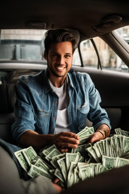 Foto un hombre con mucho dinero en efectivo en su coche.