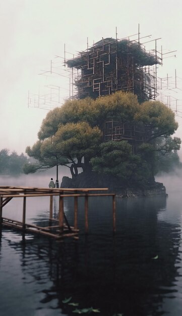 Foto un hombre se para en un muelle frente a un gran edificio con un árbol en primer plano.