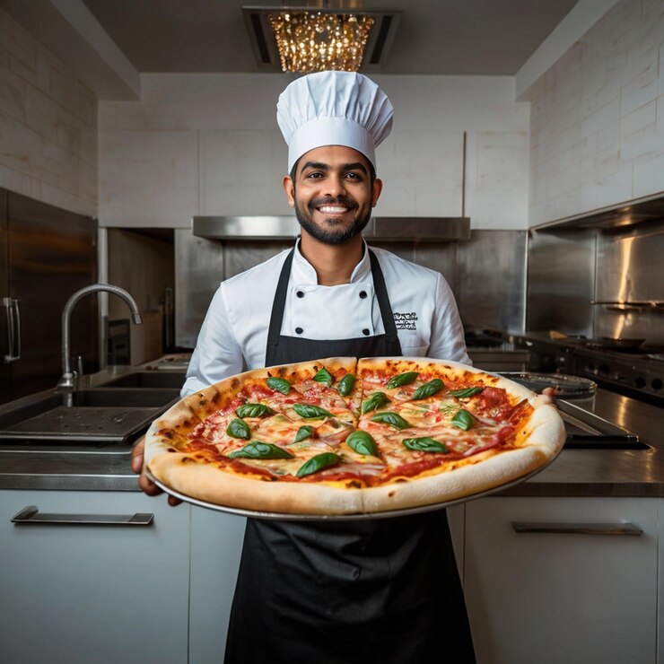 Un hombre muestra a la audiencia una pizza perfectamente cocinada