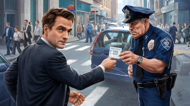 Un hombre muestra una licencia de conducir a un hombre de negocios policía mirando a la cámara