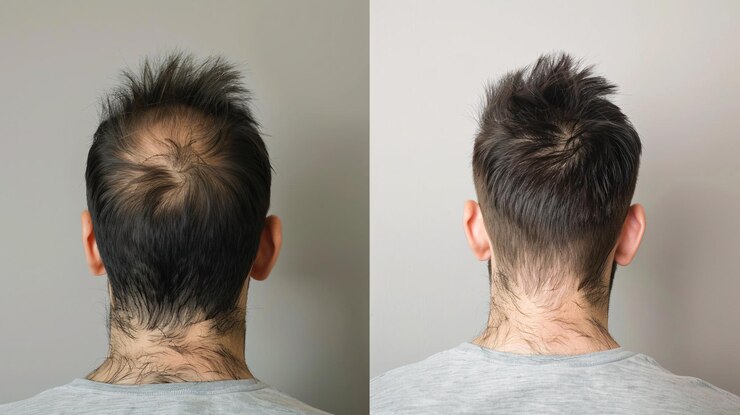 Hombre muestra los resultados exitosos del tratamiento de crecimiento de cabello