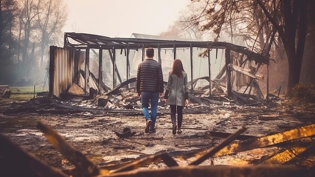 Hombre y mujer abandonados caminando cerca de una casa quemada IA generativa