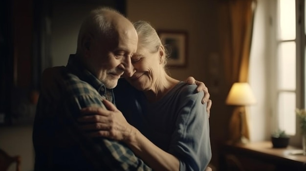 Un hombre y una mujer se abrazan en un cuarto oscuro, uno de los cuales es la palabra amor.