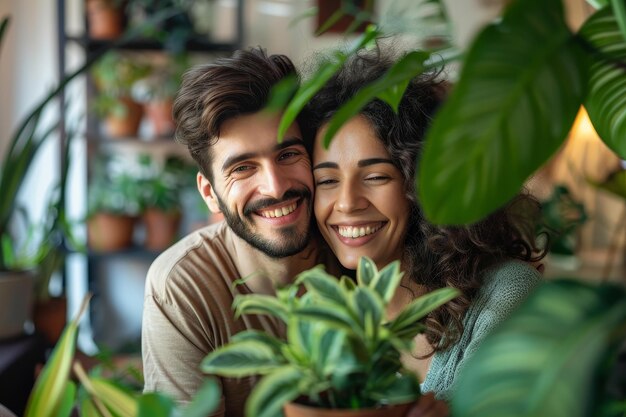 Un hombre y una mujer se abrazan frente a una planta