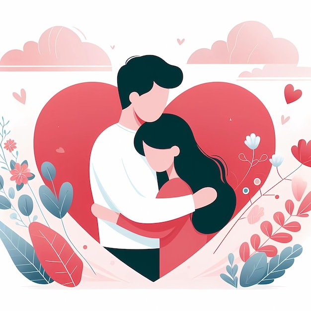 hombre y mujer abrazando el corazón en la ilustración de fondo