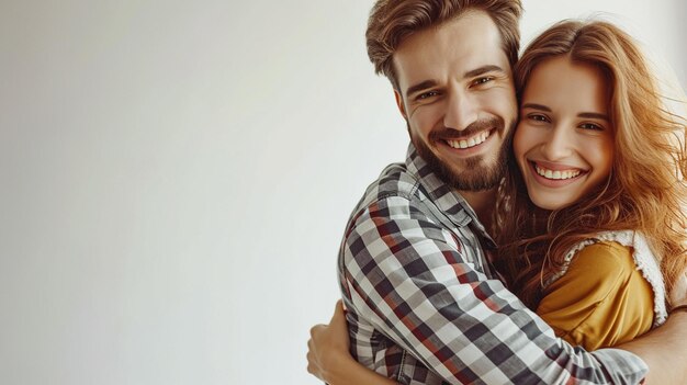 un hombre y una mujer abrazándose, ambos sonriendo.