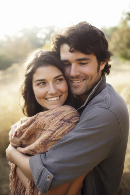 Foto un hombre y una mujer abrazándose en un campo imagen generativa de ai