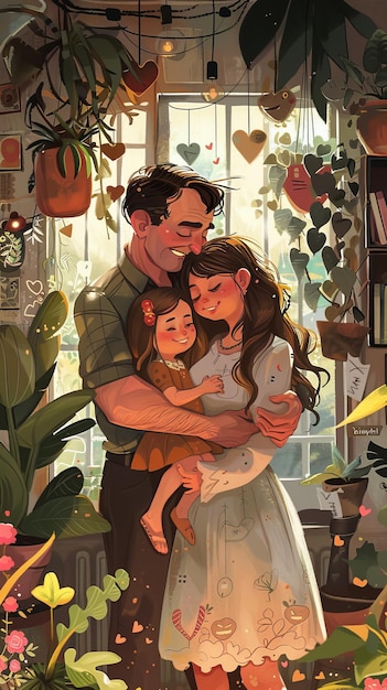 Hombre y mujer abrazándose en una habitación llena de plantas