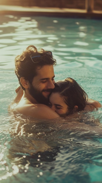 Un hombre y una mujer abrazándose en una piscina.