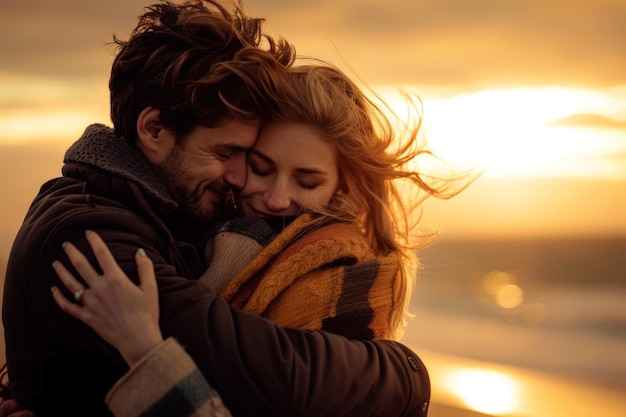 Hombre y mujer abrazándose en la playa