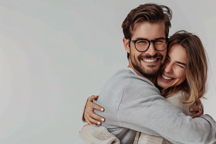 un hombre y una mujer abrazándose con una sonrisa