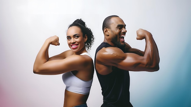 Foto hombre y mujer africanos felices y sanos que muestran músculos bíceps