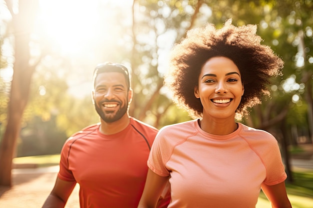 Hombre y mujer afroamericanos corriendo