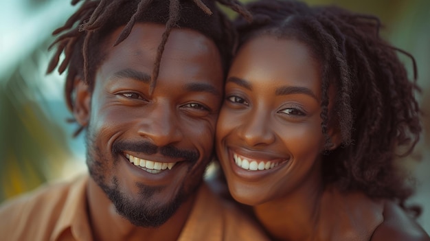 Hombre y mujer afroamericanos disfrutando del tiempo juntos en la naturaleza disfrutando de la diversión lúdica en la espalda amándose y abrazándose de oreja a oreja riendo de felicidad mientras pasan tiempo juntos en