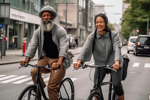 Un hombre y una mujer andando en bicicleta por la calle Generative Ai