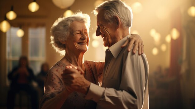 Hombre y mujer bailando juntos en una habitación con poca luzFeliz año nuevo