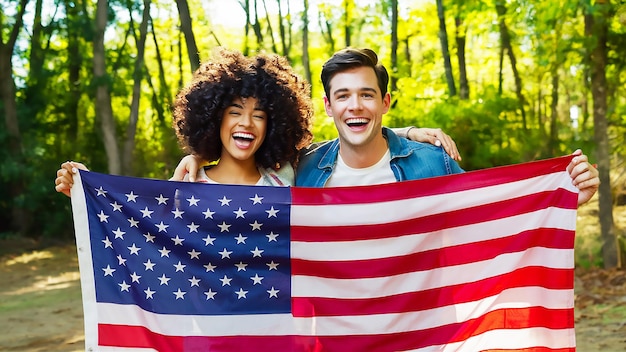 un hombre y una mujer con una bandera y un hombre con una bandera