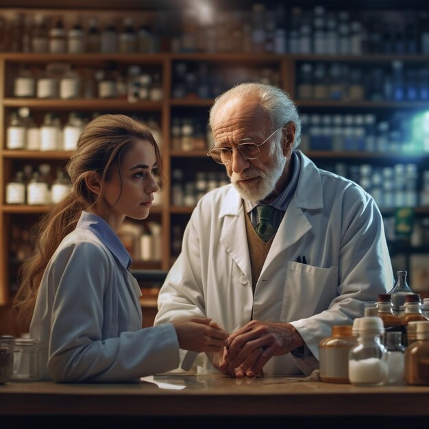 Un hombre y una mujer con bata de laboratorio están parados frente a un estante con frascos de medicamentos.