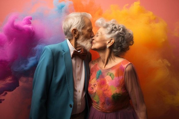 un hombre y una mujer se besan en coloridos colores en polvo.