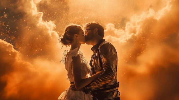 Un hombre y una mujer se besan frente a una nube de humo.