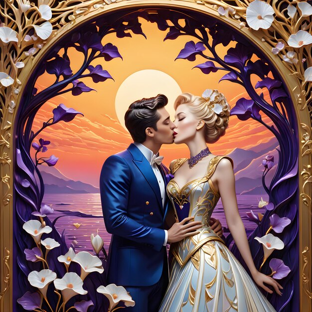 un hombre y una mujer se besan frente a una pintura de una luna
