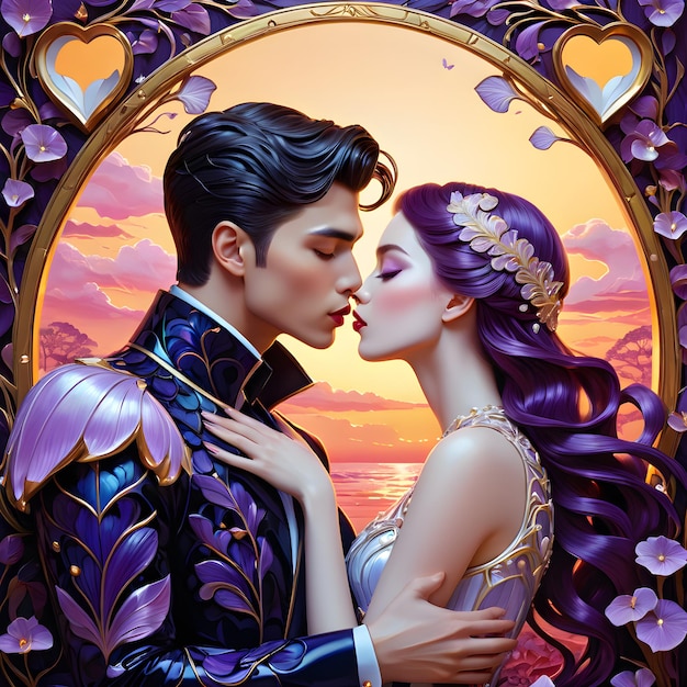 un hombre y una mujer se besan frente a una puesta de sol