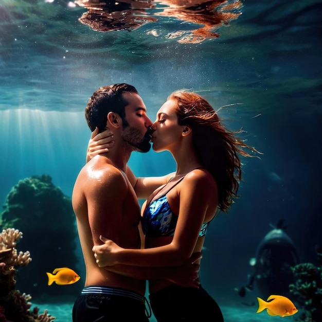 Foto hombre y mujer besándose bajo el agua amor romántico afecto mientras están muy mojados