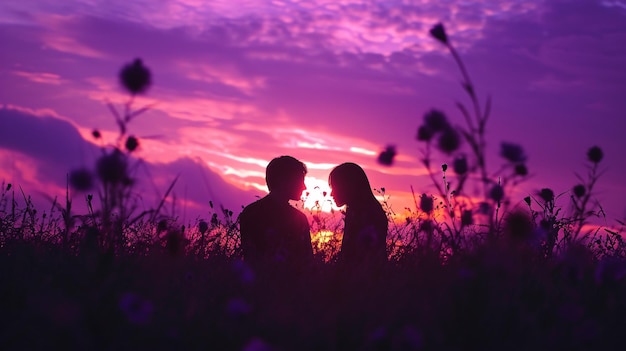 Hombre y mujer besándose al atardecer amor fondo de San Valentín