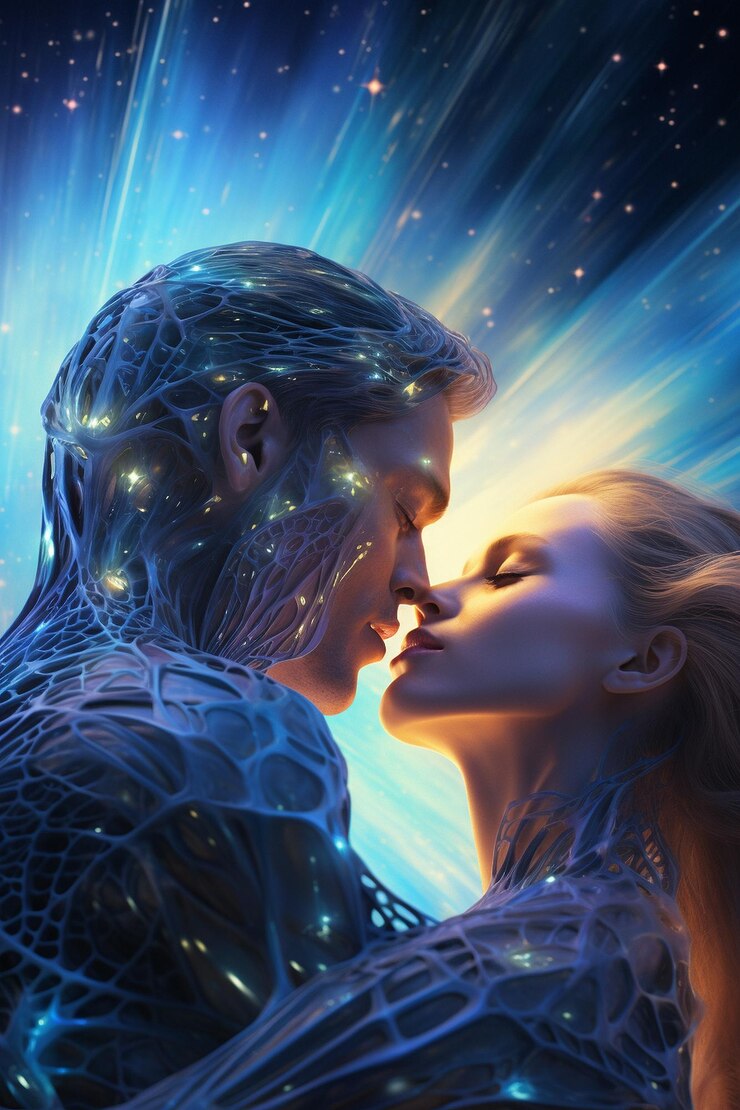 hombre y mujer besándose en una galaxia