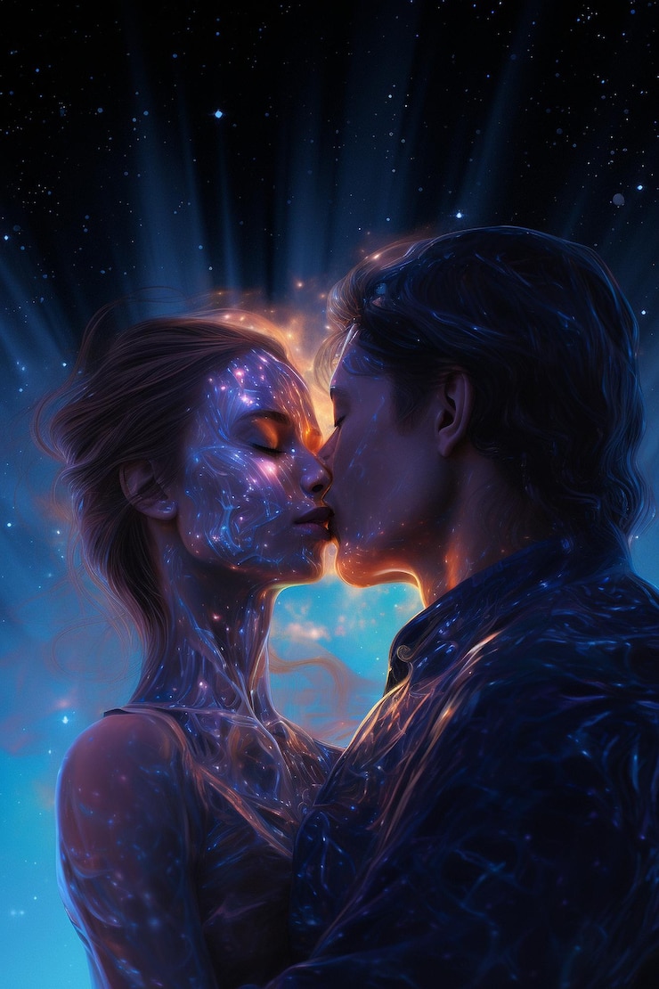 hombre y mujer besándose en una galaxia