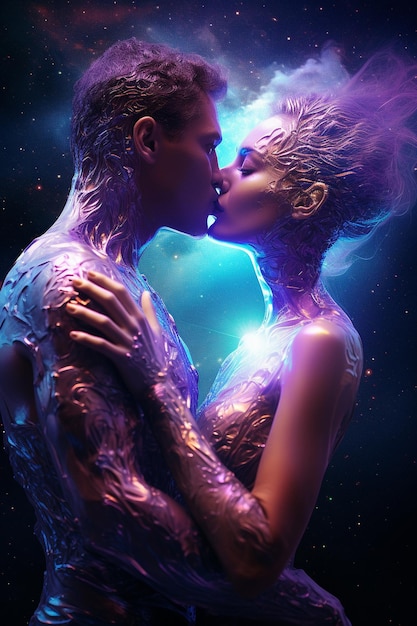 hombre y mujer besándose en una galaxia