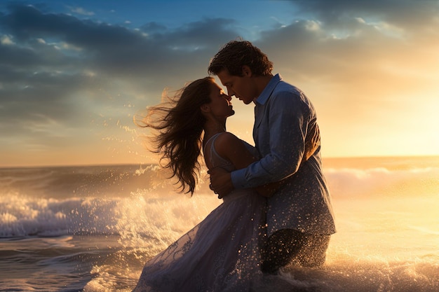 Un hombre y una mujer besándose en el océano.