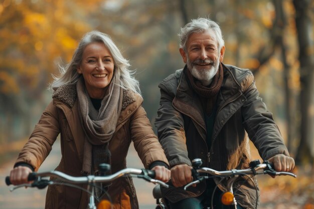 Hombre y mujer en bicicleta juntos en el bosque