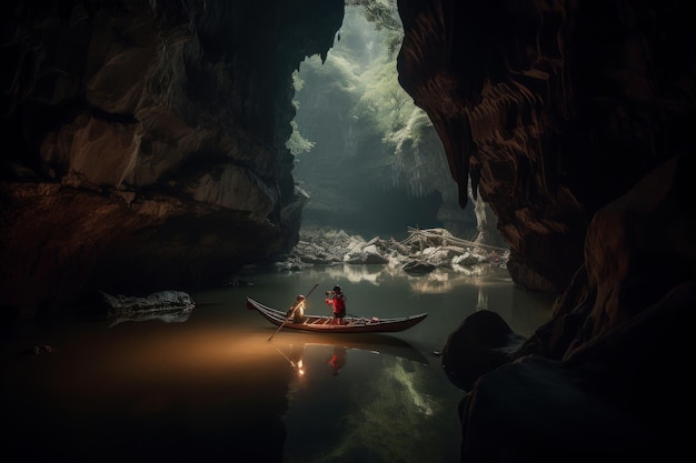 Un hombre y una mujer en un bote en una cueva.