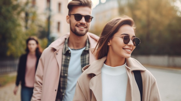 Un hombre y una mujer caminan por la calle, con gafas de sol y un abrigo rosa.